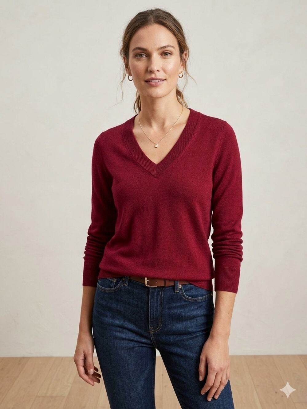 J. Crew Women's Fine Merino Wool V-Neck Sweater Burgundy Minimalist Soft Medium